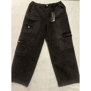 NWT Madden Girl Jeans Women XL Denim Cargo Black Wide Leg SkaterStreetwear Baggy